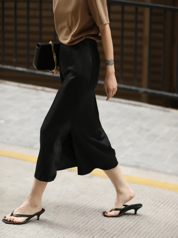 Ruffled skirts with lace trim softness -Flowy Satin Graceful Midi Skirt