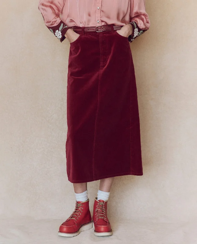 High-waisted denim skirts for cool lift -The Velvet Column Skirt. -- Bordeaux