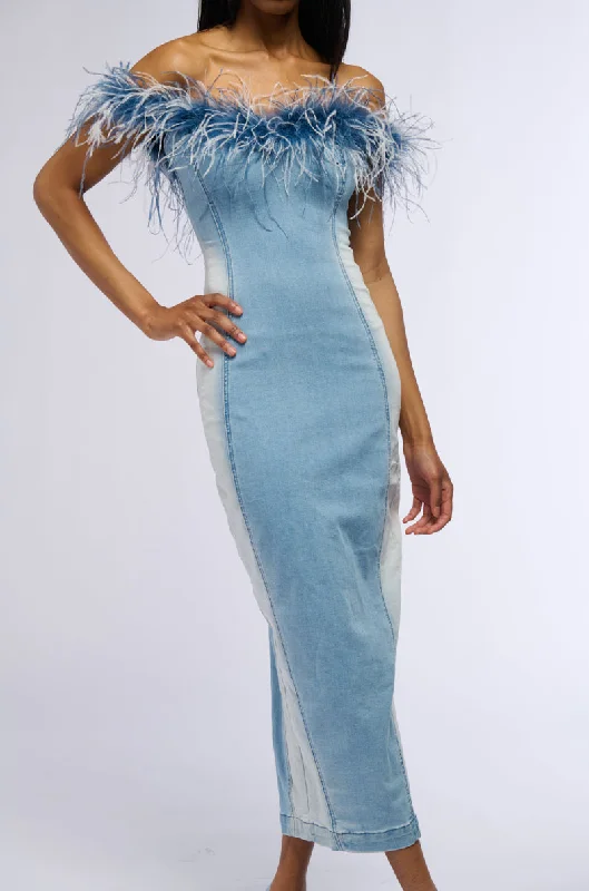 Buttoned Dresses for Stylish -HIT THE TOWN FEATHER TRIM DENIM MAXI DRESS