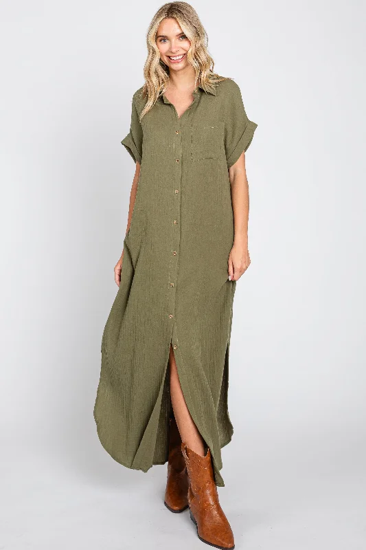 Striped Dresses for Fashionable -Olive Button Down Midi Dress