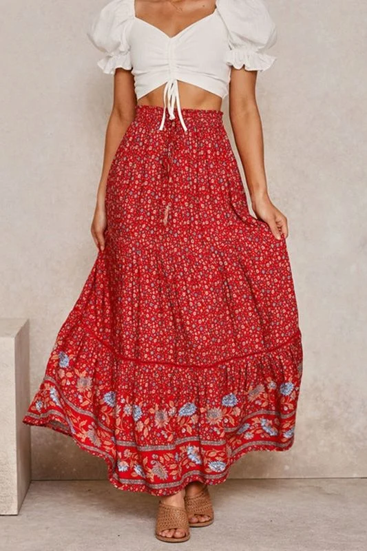 High-waisted skirts with button front detail -Boho Ditsy Summer Maxi Skirt - Red