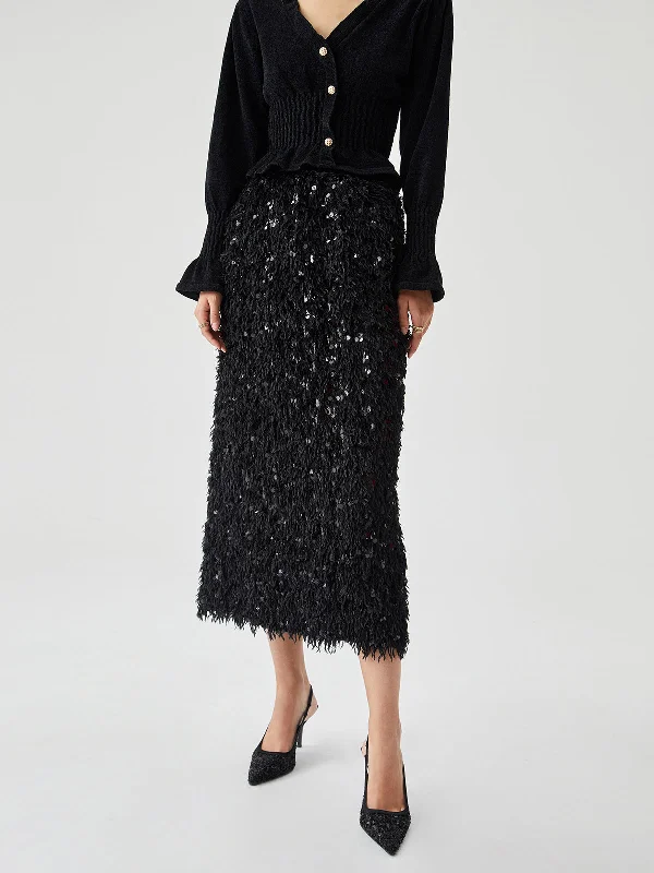 High-waisted denim skirts for cool lift -Sequin Feather Graceful Split Long Skirt