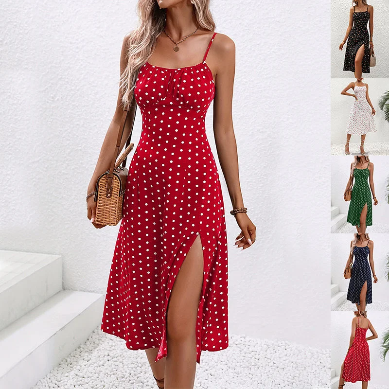 Belted Dresses for Shaping -Elegant Polka Dot Print Suspender Dress with Sexy Slit | Available in 5 Colors