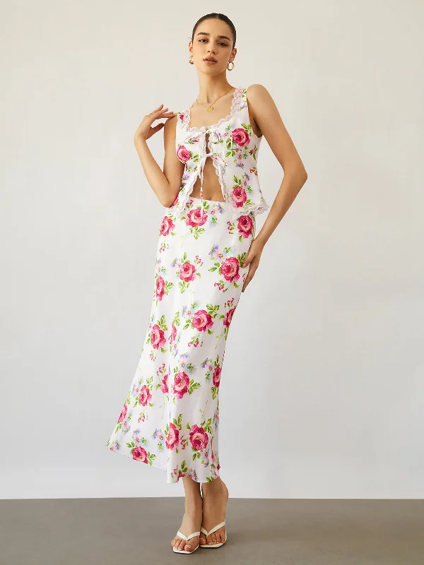 Flowy skirts for effortless beach cover-ups -Rose Bush Flowy Trendy Floral Midi Skirt