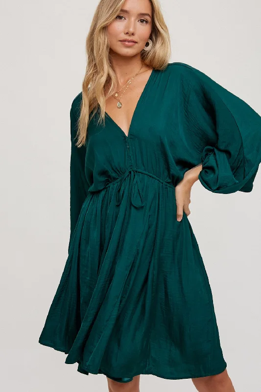 One-shoulder Dresses for Trendy -Hunter Green Satin Open-Back Dolman Sleeved Dress