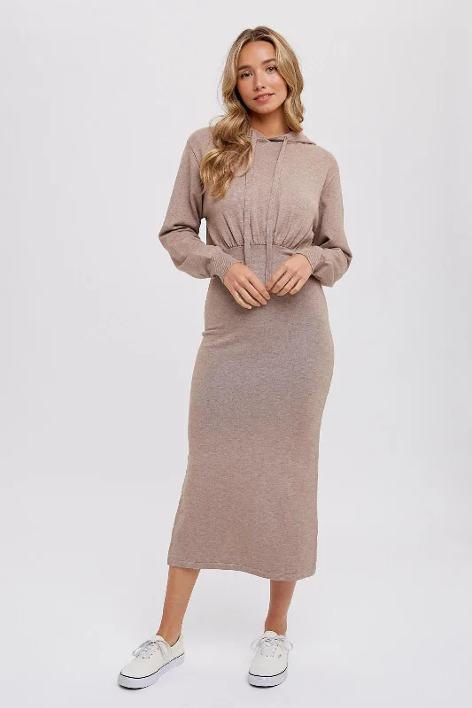 Prom Dresses for School Dance -Mocha Knit Hooded Long Sleeve Dress