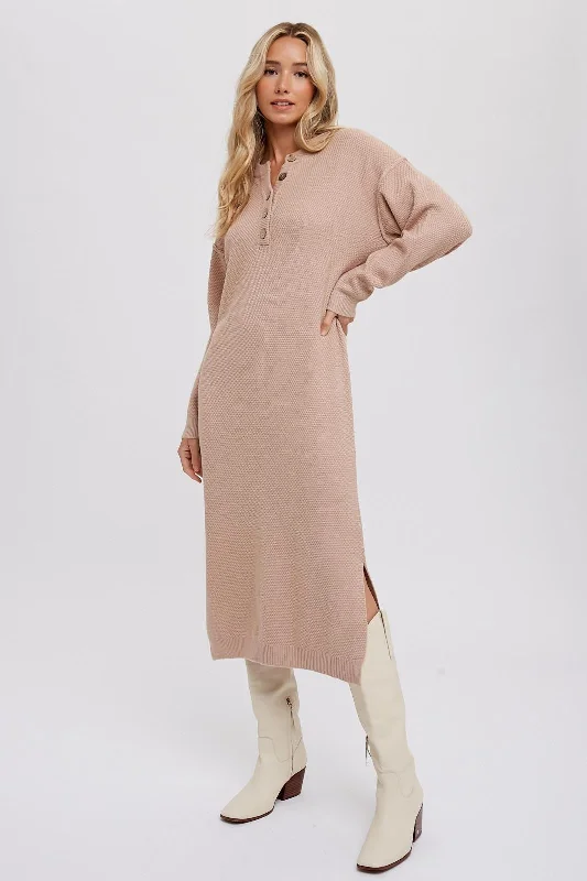 Wool Dresses for Warmth -Taupe Waffle Knit Button Long Sleeve Midi Dress