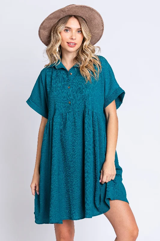 Hippie Dresses with Beads -Teal Collared Button Front Short Sleeve Dress