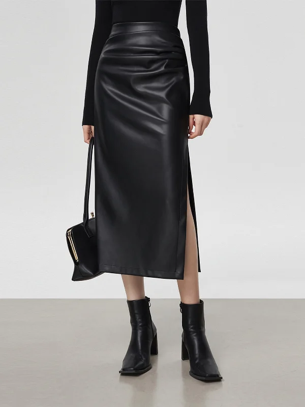 Soft skirts with plush cotton lining -Faux Leather Ruched Trendy Slit Midi Skirt