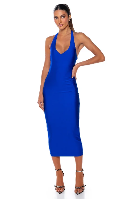 Blue Dresses for Classic -PAXTON DISCO HALTER NECK MIDI DRESS