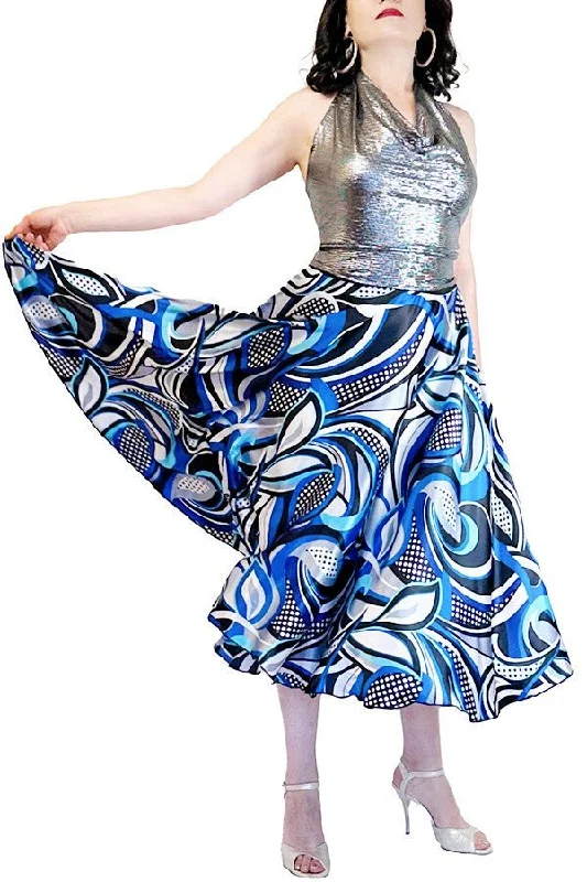 Soft cotton skirts for cozy comfort -abstract blue satin full circle skirt with slits