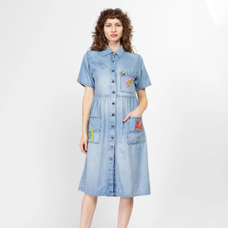 Maximalist Dresses for Bling -Medium 90s Patched Denim Midi Shirtdress