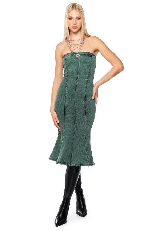 Fringed Dresses for Edgy -SEEING GREEN STRAPLESS WASHED DENIM MIDI DRESS