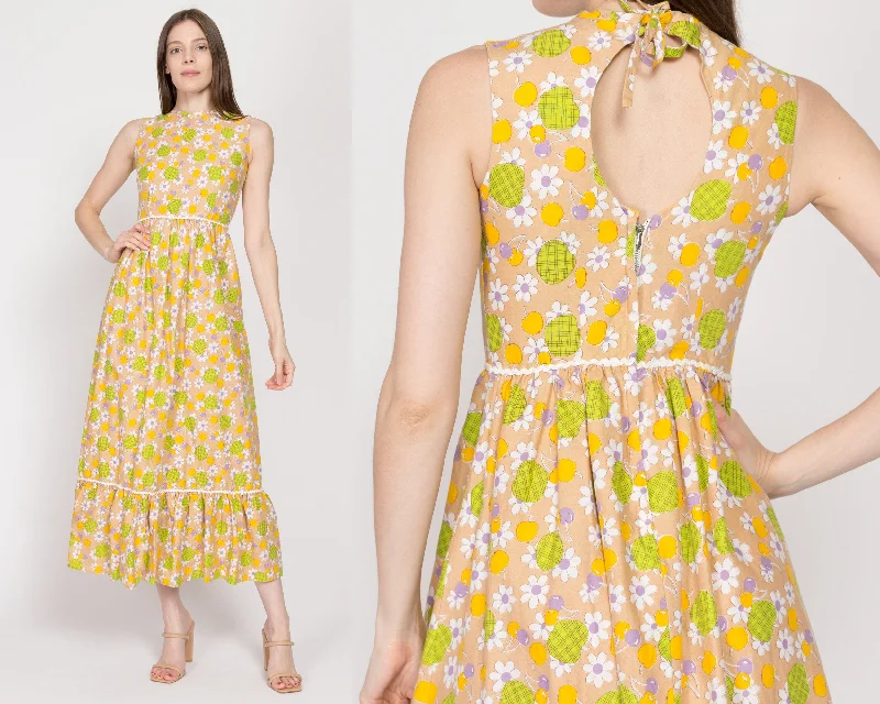 Animal Print Dresses for Fun -Petite XS 70s Boho Yellow Fruit & Floral Print Maxi Sundress