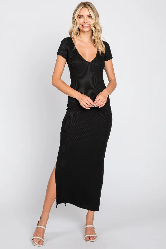 White Dresses for Pure Look -Black Basic Ribbed Side Slit Midi Dress