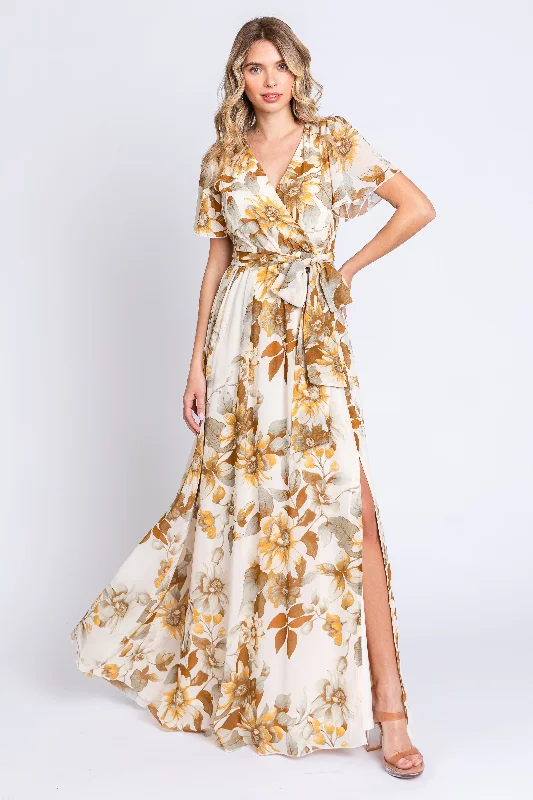 Polyester Dresses for Durable -Cream Floral V-Neck Side Slit Dress