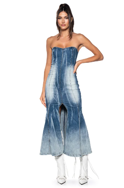 One-shoulder Dresses for Trendy -MILEY WASHED DENIM MIDI DRESS