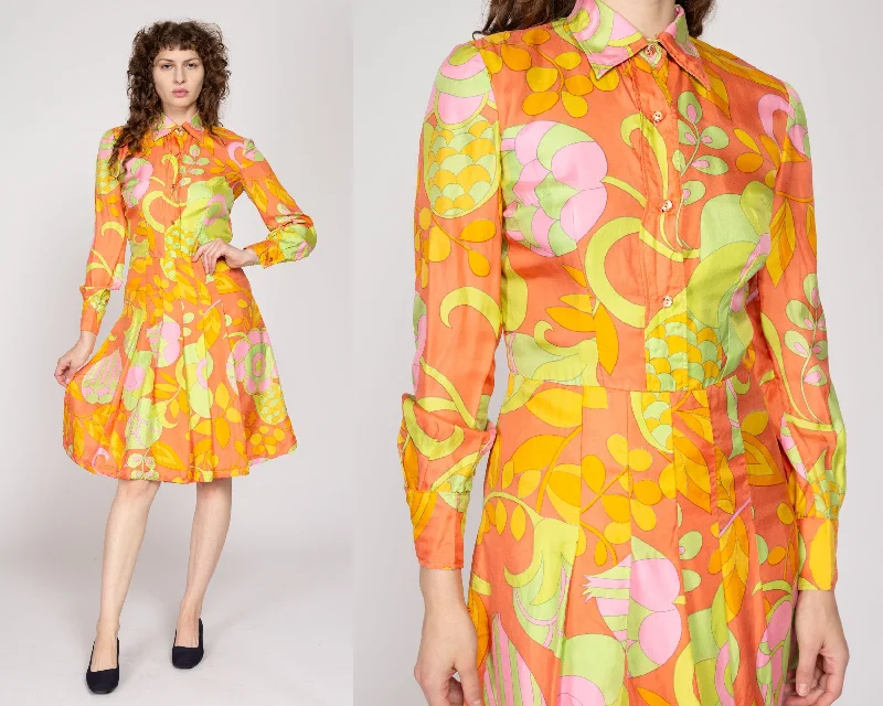 A-line Dresses for Flattering -Small 70s Orange Psychedelic Floral Long Sleeve Shirtdress