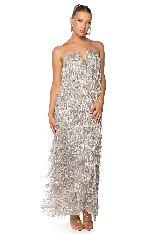 Animal Print Dresses for Fun -TOP OF THE WORLD STRAPLESS SEQUIN FRINGE MAXI DRESS IN SILVER MULTI