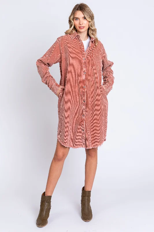 Party Dresses for Celebration -Rust Corduroy Button Down Collared Dress