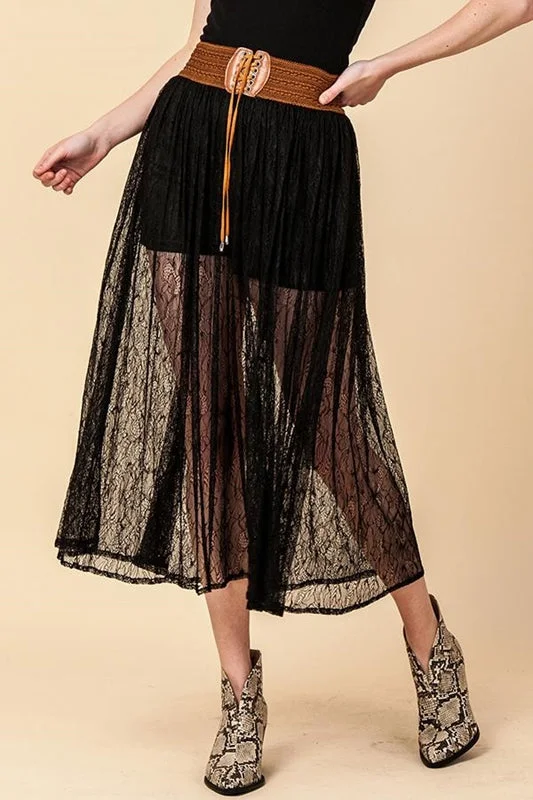 Pleated midi skirts for elegant everyday looks -Lace Mesh Wide Belt Midi Skirt Lined w/ Shorts - Black