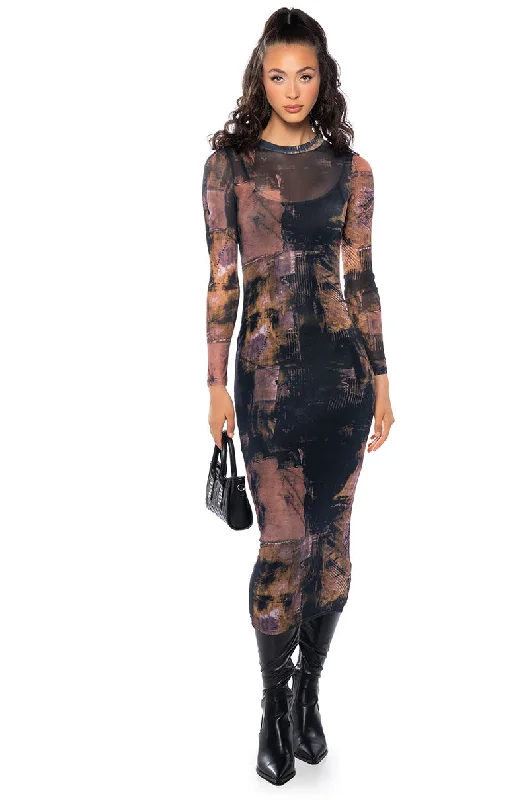 Buttoned Dresses for Stylish -MATTY LONG SLEEVE PRINTED MESH DRESS