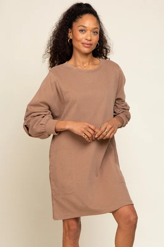 Studded Dresses for Statement -Mocha Ultra Soft Sweatshirt Dress