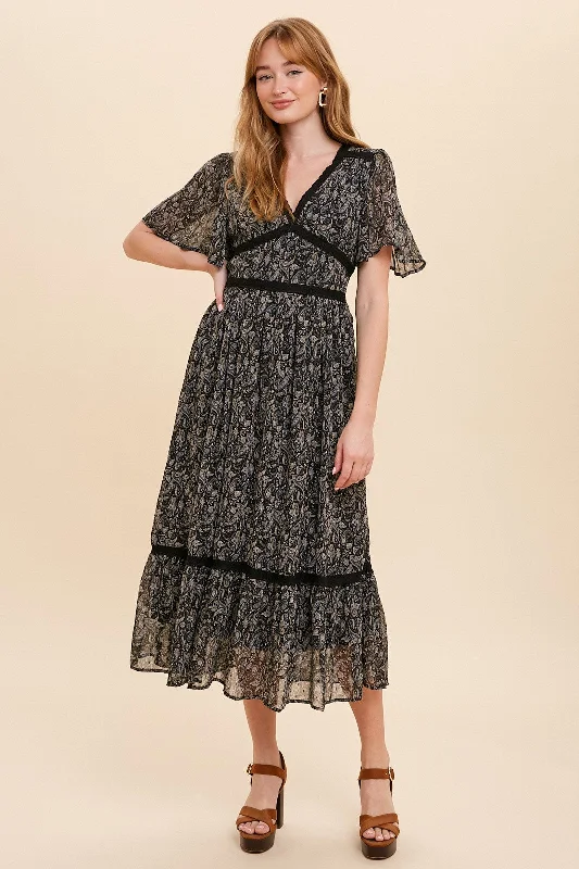 Sequined Dresses for Sparkle -Black Paisley Flutter Sleeve Midi Dress