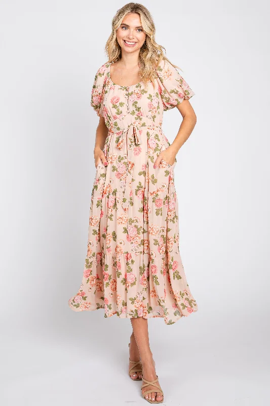 Sleeveless Dresses for Coolness -Pink Floral Button Puff Sleeve Midi Dress