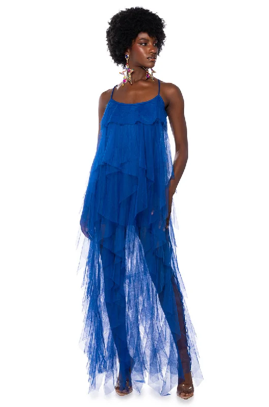 Gothic Dresses with Dark Tone -TOP TIER RUFFLE MAXI DRESS ROYAL BLUE