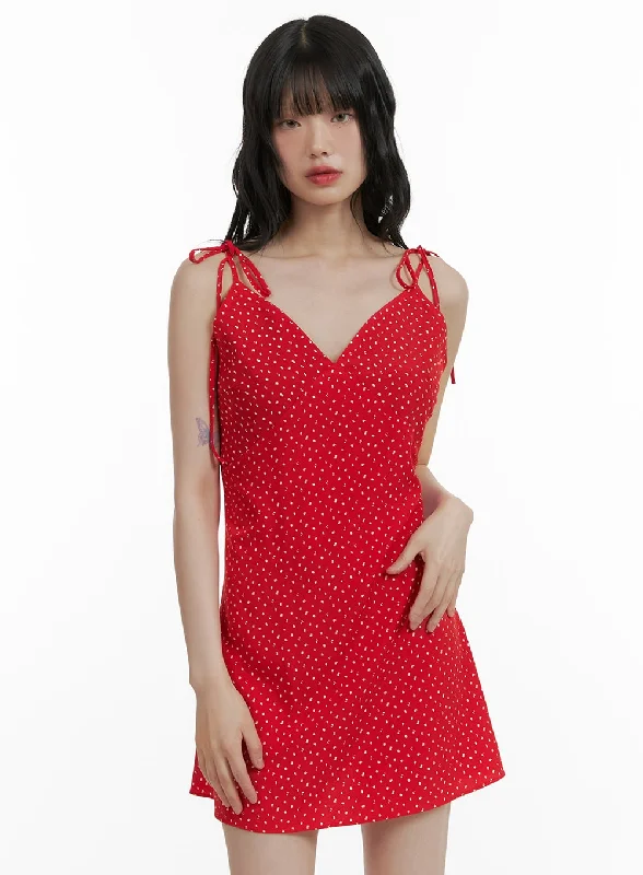 Studded Dresses for Statement -Ribbon Strap Polka Dot Mini Dress CU410