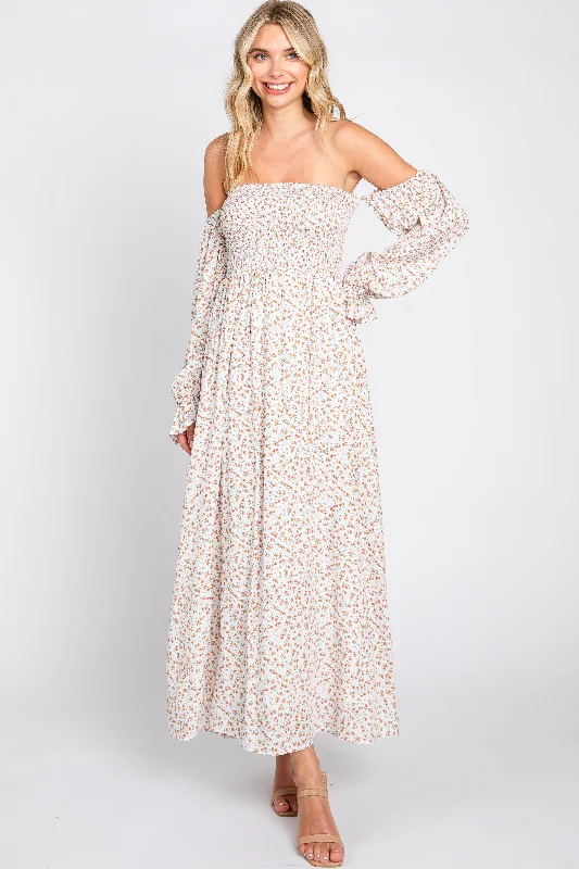 Faux Leather Dresses for Affordable -Cream Floral Square Neck Smocked Long Sleeve Maxi Dress