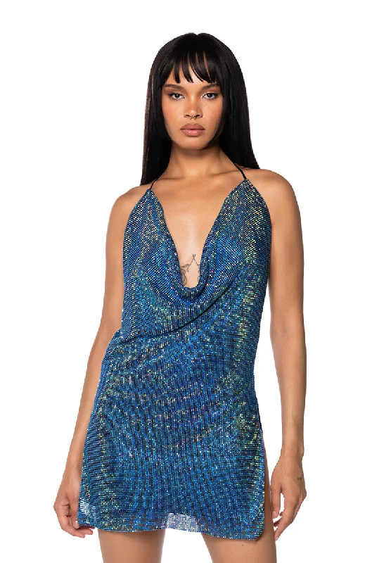 Flared Dresses for Retro -PROCEED WITH CAUTION RHINESTONE HALTER NECK DRESS