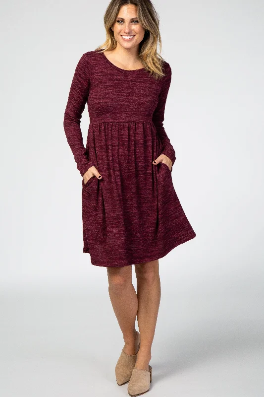 Ruffled Dresses for Girly -Burgundy Heathered Long Sleeve Knit Dress