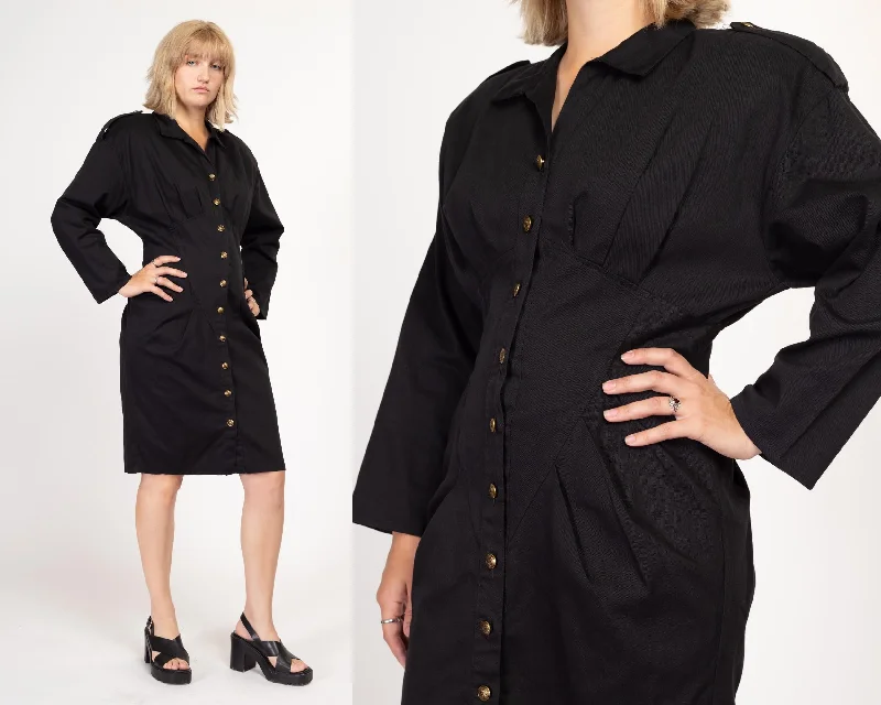 Mother's Day Dresses for Gift -Medium 80s Black Dolman Sleeve Fitted Waist Shirtdress