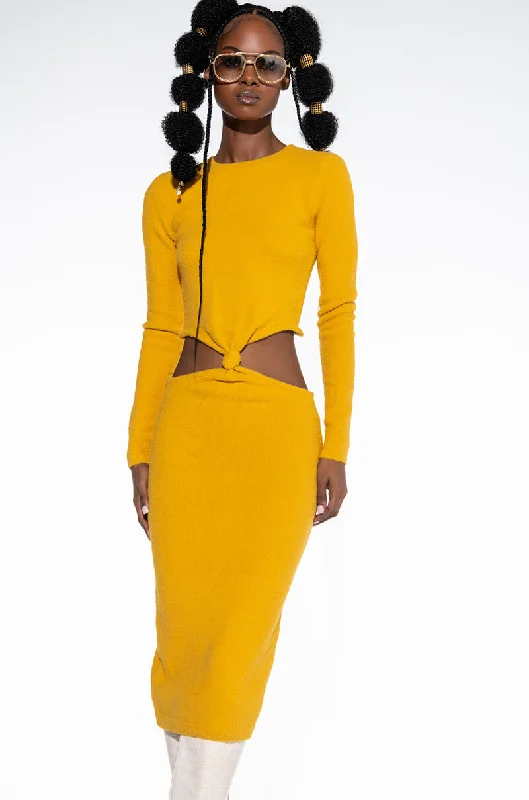 Indian Dresses with Intricacy -COZY BUT CUTE PLUSH SWEATER MIDI DRESS DARK YELLOW