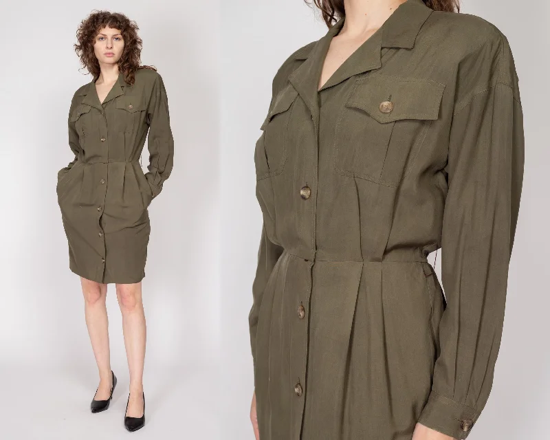 Evening Dresses for Formal Events -Medium 80s Olive Green Silk Mini Shirtdress