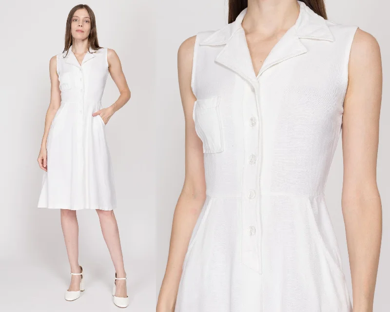 Prom Dresses for School Dance -XS 1950s White Sleeveless Midi Shirtdress