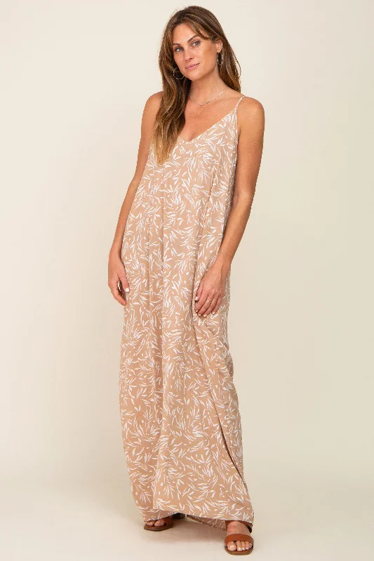 Embroidered Dresses for Detailed -Taupe Leaf Print Double V-Neck Maxi Dress