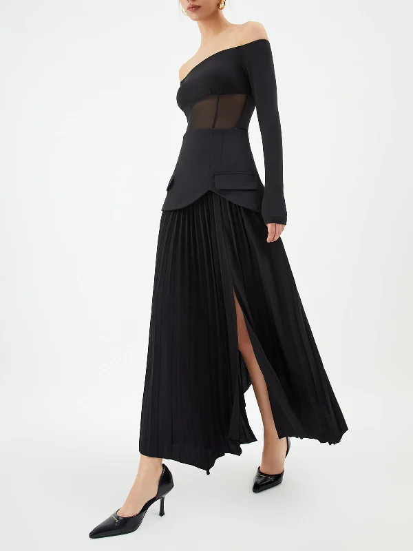 Classic skirts with subtle texture weave -Patchwork Pleated Graceful Midi Skirt