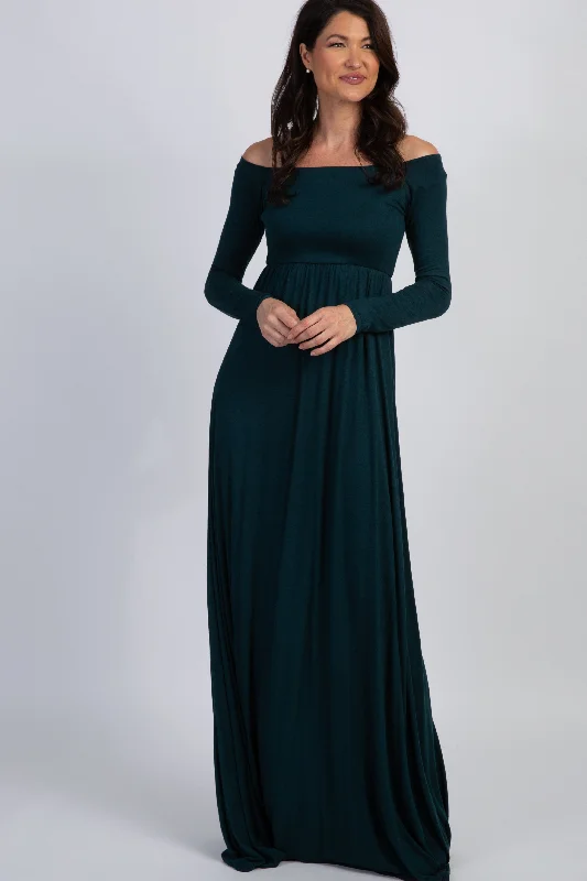 Work Dresses for Professional -PinkBlush Forest Green Solid Off Shoulder Maxi Dress