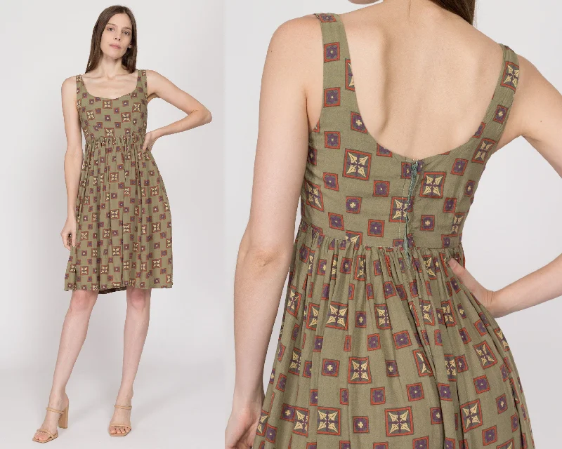 Shift Dresses for Simple Look -XS 90s Olive Green Batik Babydoll Sundress