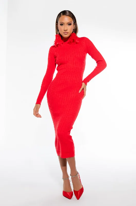 Capri Dresses for Playful -MEGAN SWEATER RIBBED OPEN BACK MIDI DRESS RED