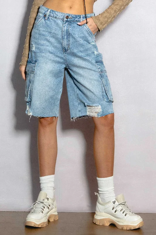 Cotton Skirts for Comfort -Raw Edge Hem Cargo Pocket Jorts