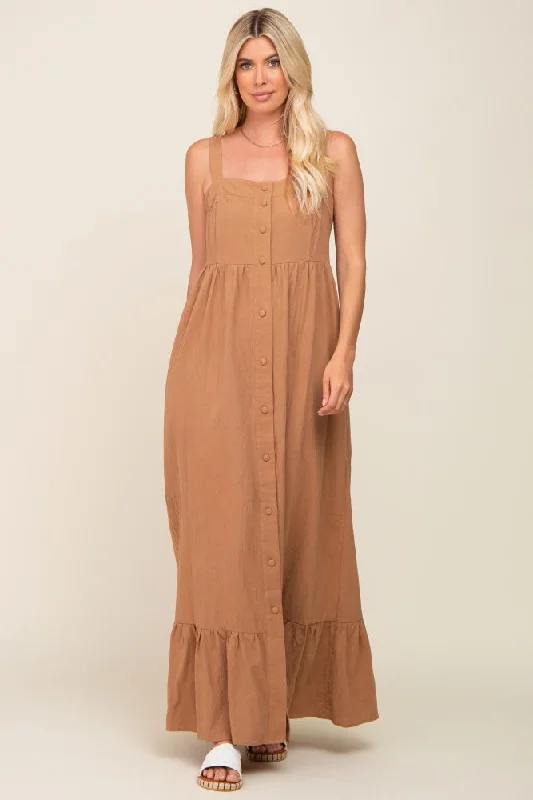 Maximalist Dresses for Bling -Mocha Front Button Sleeveless Maxi Dress