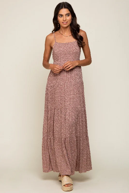 Formal Dresses for Occasions -Mauve Ditsy Floral Tiered Maxi Dress