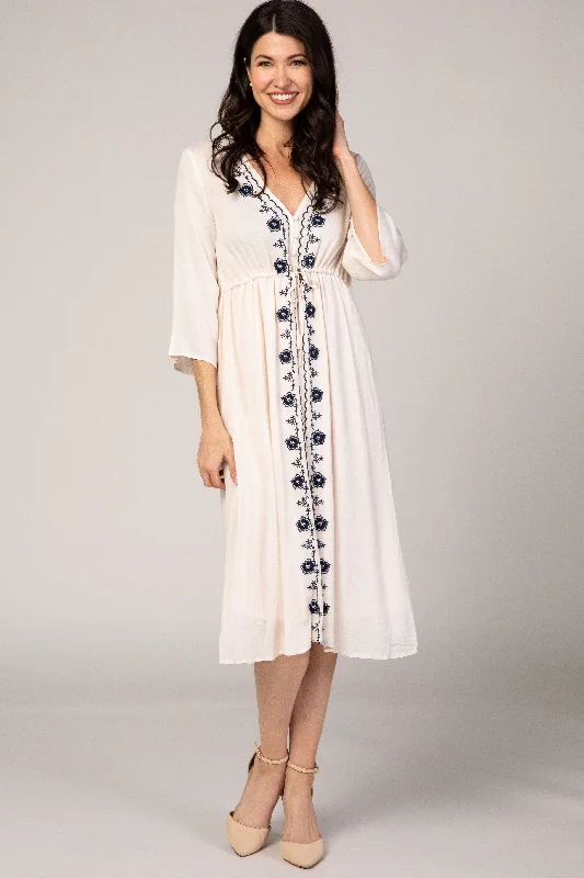 Embroidered Dresses for Detailed -Beige Floral Embroidered 3/4 Sleeve Midi Dress