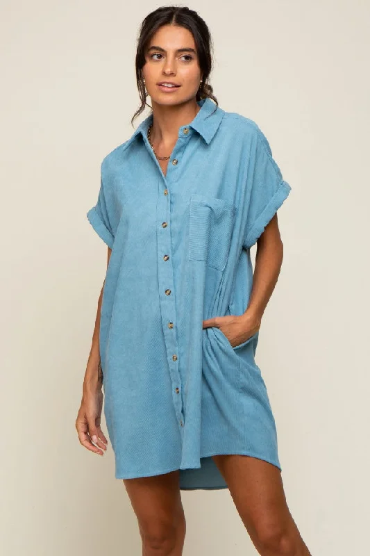 Party Dresses for Celebration -Light Blue Ribbed Button Down Mini Dress