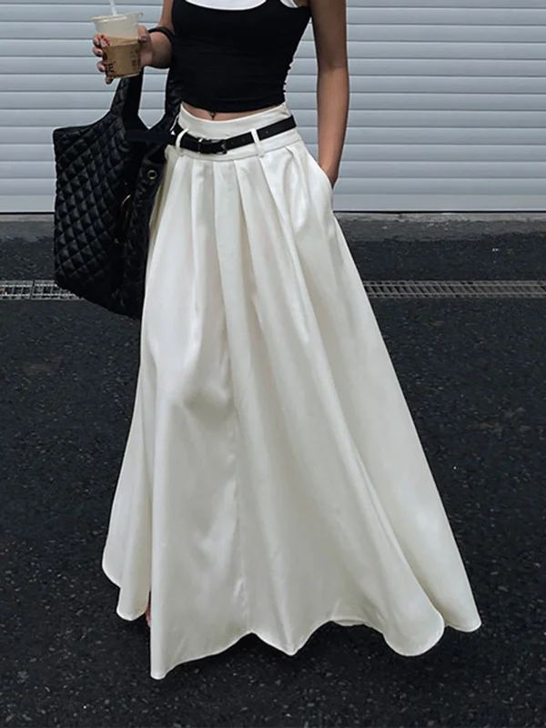 High-waisted skirts for slimming chic style -Belted Pleated Graceful Long Skirt