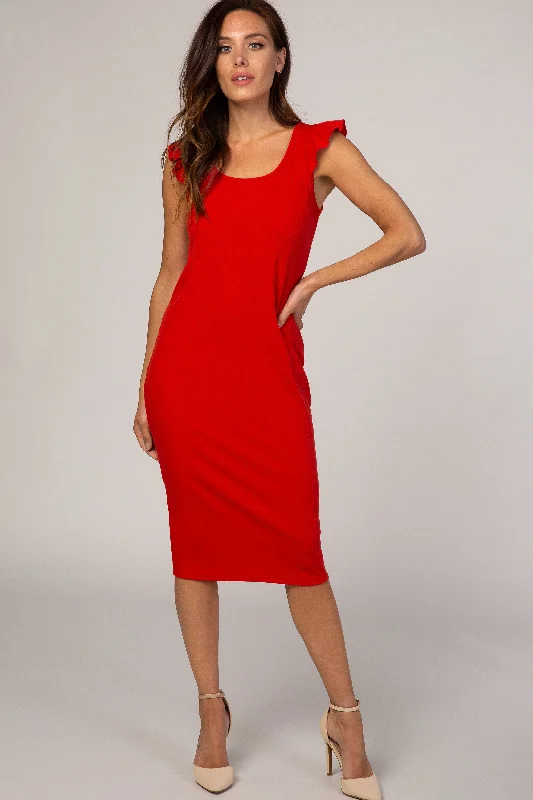 Khaki Dresses for Casual -Red Flounce Sleeve Ribbed Dress